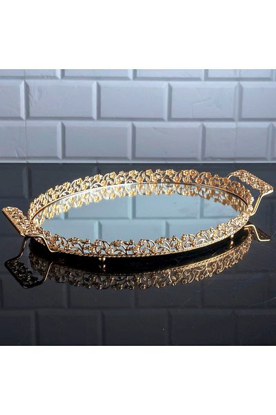 Hinora Diamond Stone Oval Μεγάλος Δίσκος Καθρέφτης Μεταλλικός Χειρολαβής Παρουσίασης Δίσκος σερβιρίσματος τσαγιού καφέ Χρυσός