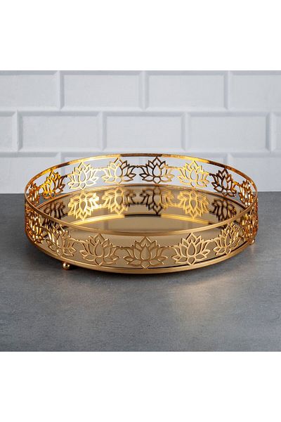 Hinora Lotus Medium Δίσκος κοπής με λέιζερ Στρογγυλός καθρέφτης Jardinyer Μεταλλικός Δίσκος Παρουσίασης Χρυσός 32 cm