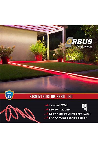ORBUS Kırmızı LED Şerit 8W 800 Lümen, 5 Metre, 220V Fiş ile aydınlatma için i...