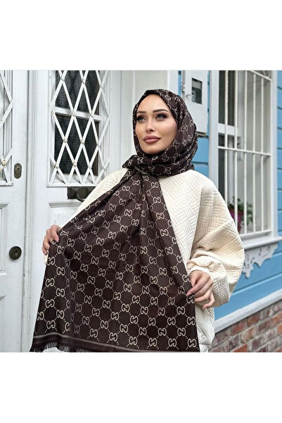 GÖ SCARF SHAWL G Desen Krem-Kahve Çift Taraflı Şık Şal
