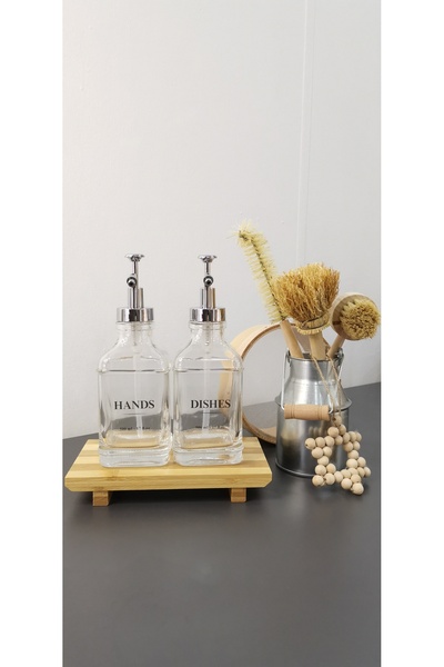 PitrakStore Bambu Standlı 2'Li 500 Ml Gümüş Başlıklı Cam Şişe Seti