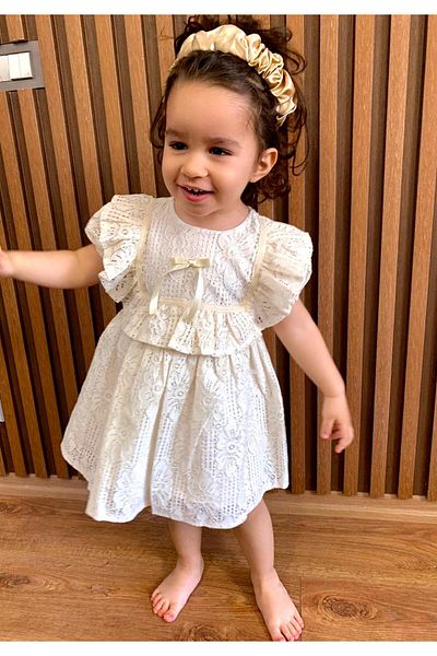 minikiti Girl's Lace Ribbon Cotton Lined Vintage Nostalgic Dress