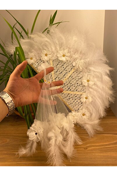 ANZE AKSESUARDAN şık beyaz gelin düğün kına söz yelpaze ve mendil seti