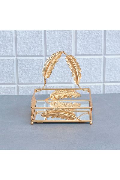 Hinora Leaf Metal Horizontal Mirrored Napkin Holder Gold Color Napkin Kite Free 17x17x6 Cm