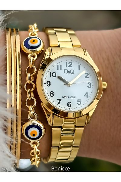 Q&Q Steel Cord Gold Color Small Case Women's Wristwatch Evil Eye Beaded Bracelet