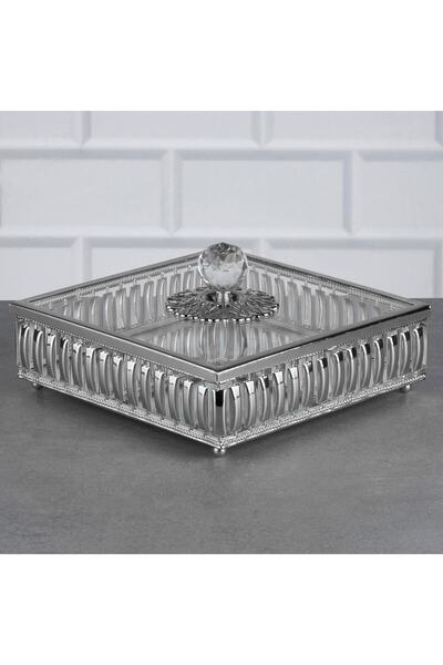 Hinora Hürrem Kare Büyük Şekerlik Kristal Taşlı Cam Kapaklı Metal Çikolatalık...