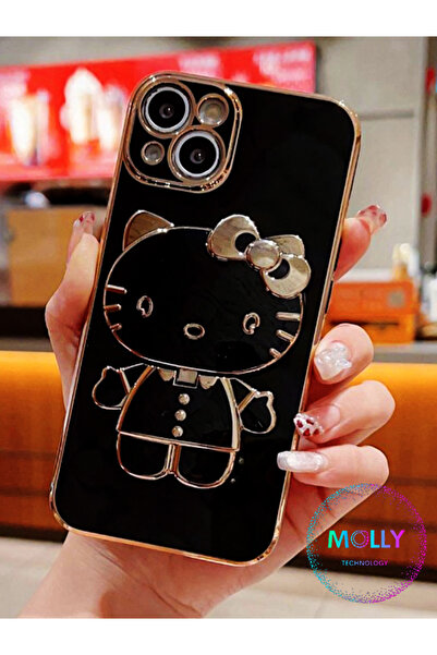 Molly iPhone 14 PLUS İçin Siyah Hello Kitty Standlı Kenarları Gold Detaylı Lü...