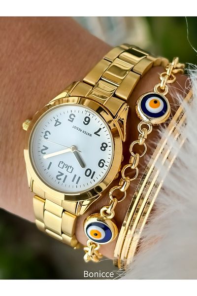Q&Q Steel Cord Gold Color Small Case Women's Wristwatch Evil Eye Beaded Bracelet