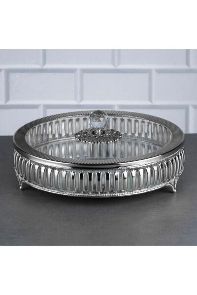 Hinora Hürrem Yuvarlak 25 Cm Şekerlik Kristal Taşlı Cam Kapaklı Metal Çikolat...