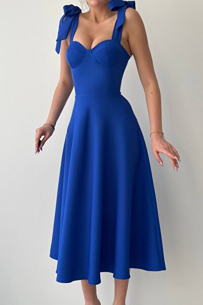 vuvutasarım Askıları Bağlanabilir Atlas Kumaş Dolgulu Midi Boy Kloş Kesim Saks Mavi Abiye Elbise 166