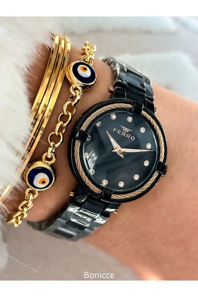 FERRO Black Color, Waterproof, Steel Strap Women's Wristwatch + bracelet