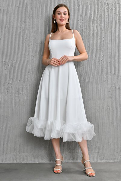 bayansepeti Atlas Kumaş İnce Askılı Etekucu Tül Detay Midi Boy Kloş Kesim Beyaz Mezuniyet Elbisesi 9326