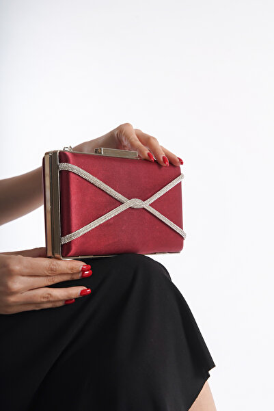 Moda Değirmeni Burgundy Satin Women's Cross Stoned Evening Dress Bag BG1123-310-0002