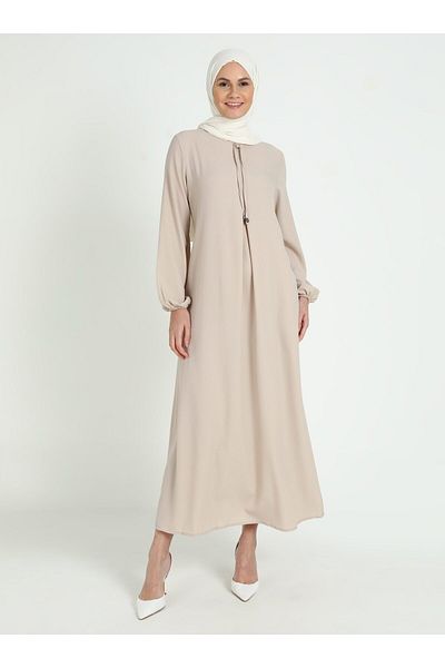 Tavin A Pleat Bow Collar Detailed Hijab Dress - Mink - Tavin