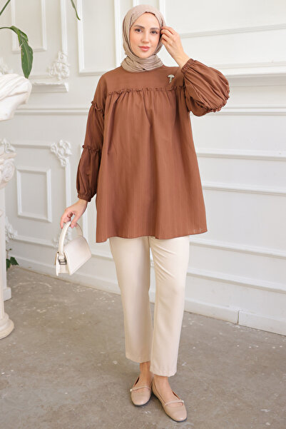 benguen 61647 Brož Detailně nabíraná košile Hnědá