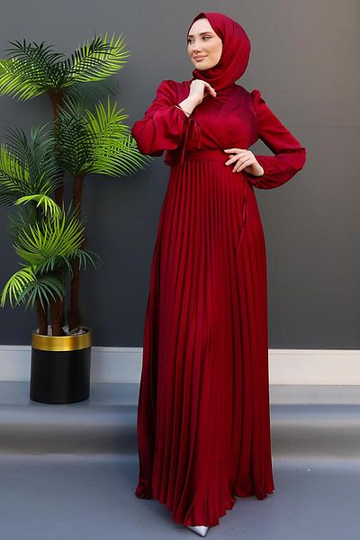 GİZ AGİYİM Sleeve Tied Pleated Dress Claret Red