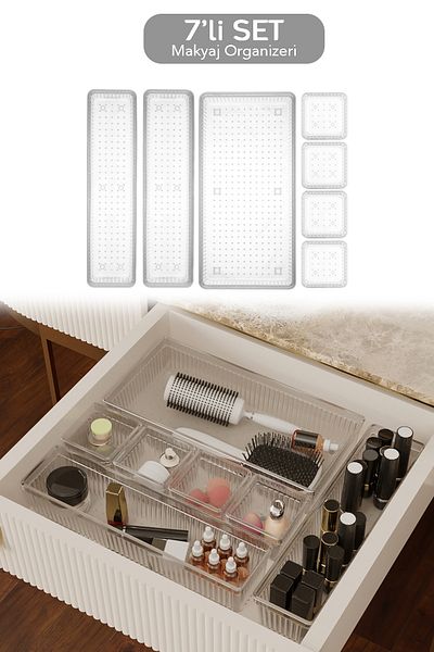 Meleni Home مجموعة منظم وحدات مكونة من 7 قطع - منظم ملحقات مستحضرات التجميل شفاف