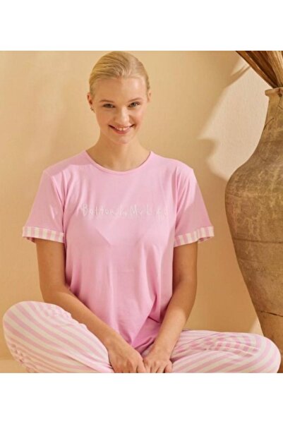 Pijamoni KISA KOLLU MİLAN İPEKLİ KUMAŞ  PİJAMA TAKIMI