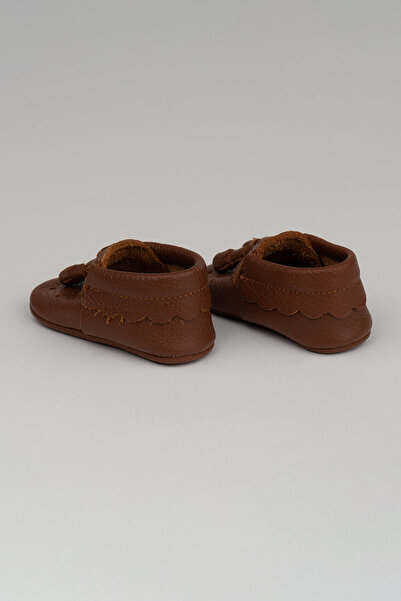 Deriza Püsküllü Hakiki Deri Bebek Makosen Taba