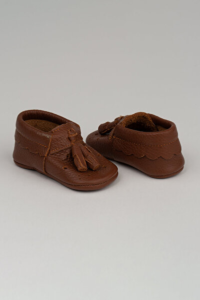 Deriza Püsküllü Hakiki Deri Bebek Makosen Taba