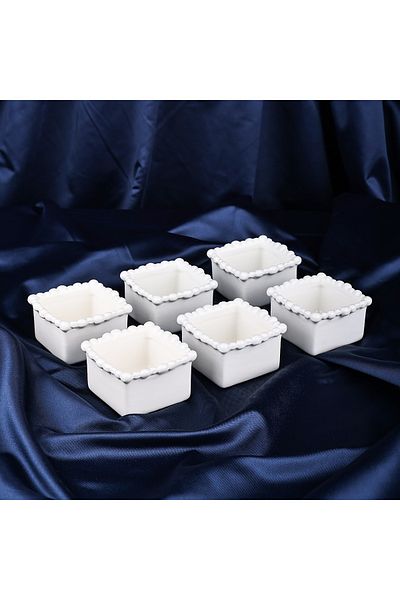 YzHome Set of 6 White Porcelain Beaded Square Presentation Bowl Plate Jam Sauce Bowl