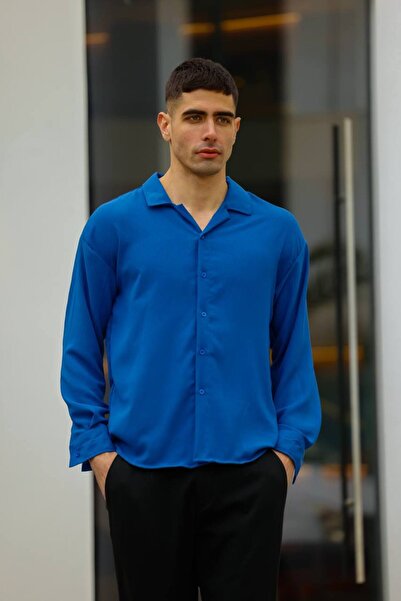 Riowela Erkek Yazlık Dokulu Oversize Gömlek Indigo Mavi