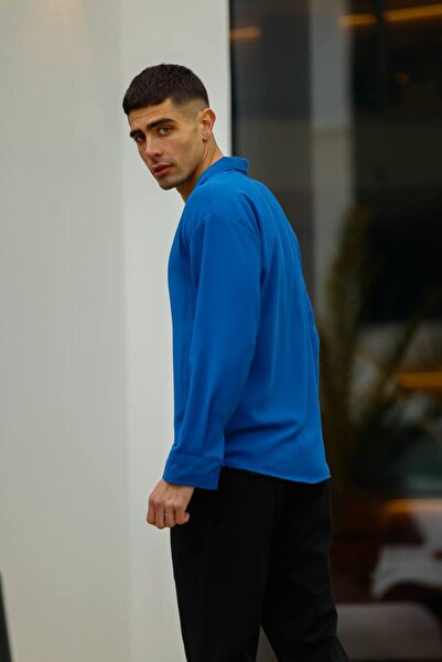 Riowela Erkek Yazlık Dokulu Oversize Gömlek Indigo Mavi