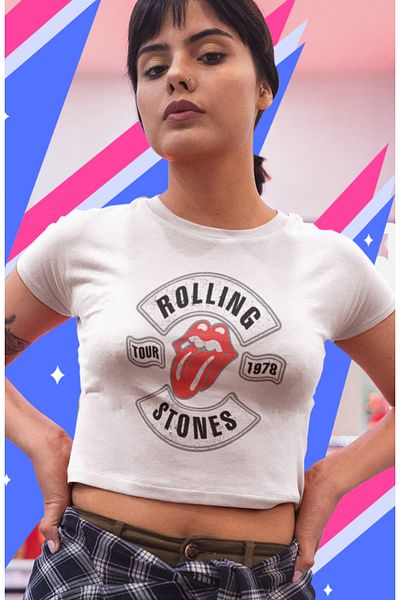 Fuddy Moda The Rolling Stones Printed Crop Top, Γυναικεία Crop Μπλούζα με ροκ θέμα