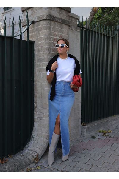 Purple by Banu Blue Laser Cut Jean Skirt - Front Slit Detail