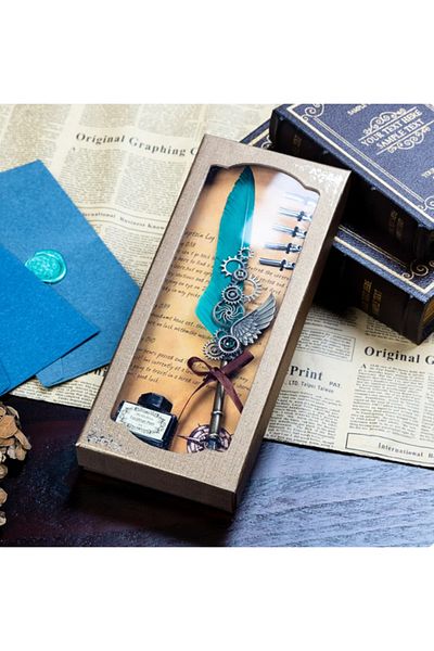 HEPBİMODA Vintage Dip Inkwell - Feather Pen Set