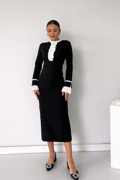 3MMM TEKSTİL Fırfır Detay Düğmeli Elbise - Siyah