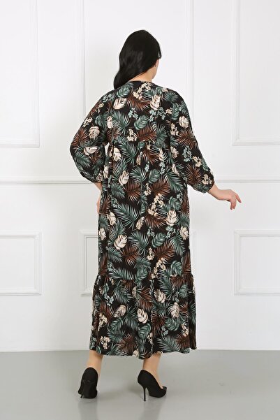 By Alba Collection Women's Black Leaf Pattern Lace Collar Long Sleeve Cotton Viscose Plus Size Dress