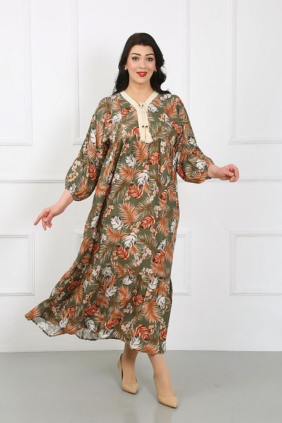By Alba Collection Γυναικείο φόρεμα με στάμπα με φύλλα χακί με μακρυμάνικο βαμβακερό βισκόζη σε μεγάλο μέγεθος