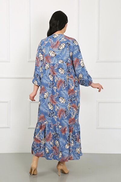 By Alba Collection Жіноче довге плаття великого розміру з коміром з мереживом та довгими рукавами з віскозної бавовни з синім візерунком у вигляді листя