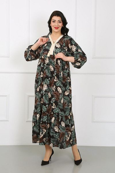 By Alba Collection Γυναικείο μαύρο φόρεμα με στάμπα με δαντέλα με μακρυμάνικο βαμβακερό βισκόζη