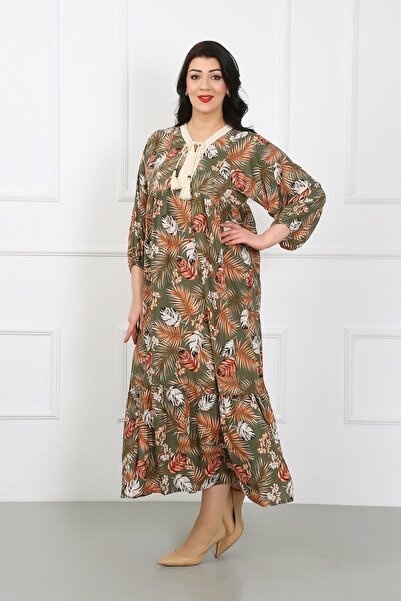 By Alba Collection Γυναικείο φόρεμα με στάμπα με φύλλα χακί με μακρυμάνικο βαμβακερό βισκόζη σε μεγάλο μέγεθος