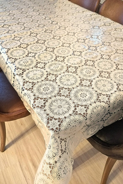 ELEGANCEV ÜSTÜ ŞEFFAF  KAPLI DANTEL MOTİFLİ MUŞAMBA MASAS ÖRTÜSÜ - KREM RENK ...