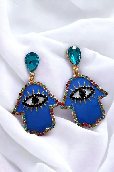 TAKIŞTIR Gold Color Blue Stone Detailed Eye Figure Dangle Earrings (Pair)