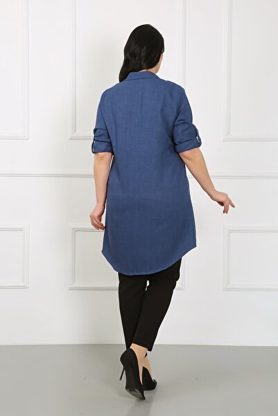 By Alba Collection Women's Navy Blue Soft Linen Large Size Tunic