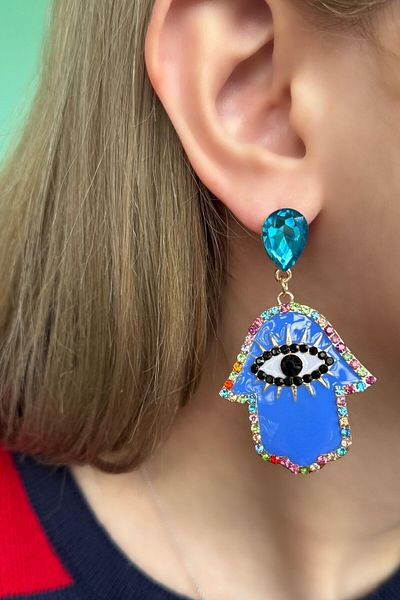 TAKIŞTIR Gold Color Blue Stone Detailed Eye Figure Dangle Earrings (Pair)