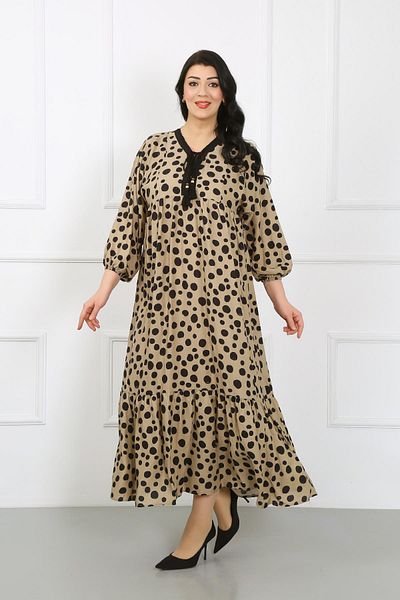 By Alba Collection Γυναικείο μαύρο πουά μοτίβο γιακά με μακρυμάνικο βαμβακερό φόρεμα βισκόζης