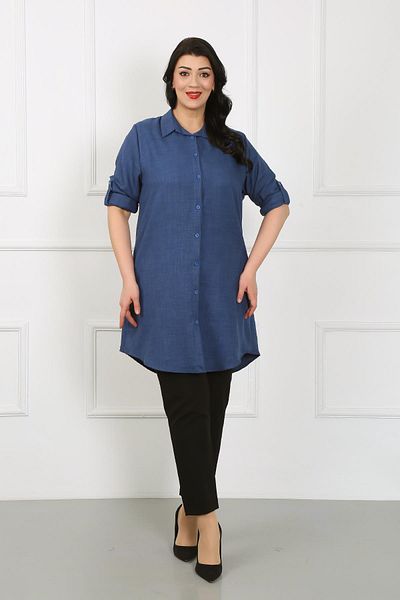 By Alba Collection Women's Navy Blue Soft Linen Large Size Tunic