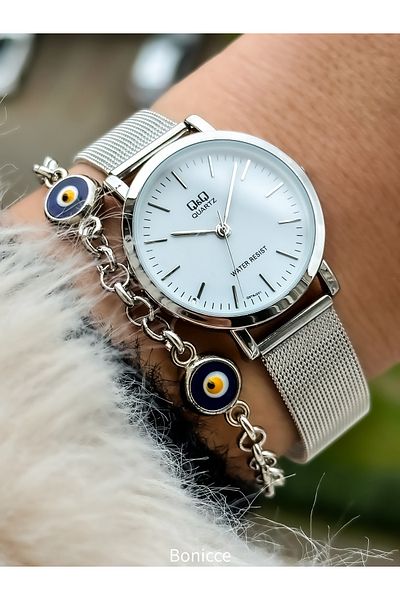 Q&Q Steel Mesh Cord Waterproof Silver Color Women's Wristwatch Bracelet