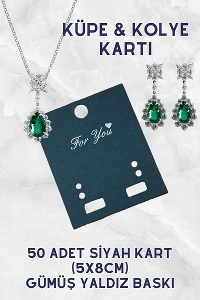 Netsan Etiket Silver Gilt Printed Earring and Necklace Card 50 Pieces 5x8cm Black Card