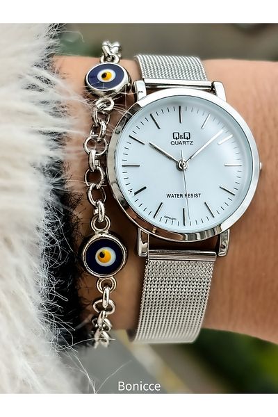 Q&Q Steel Mesh Cord Waterproof Silver Color Women's Wristwatch Bracelet