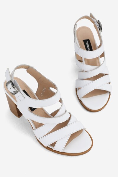 TUNAELLİ WOMEN'S WHITE GENUINE NATURAL LEATHER THICK HEEL STRAPPED SANDALS
