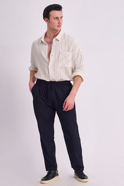 RELAXL 100% Cotton Extra Thin Fabric Black Baggy Linen Trousers with Elastic Waist