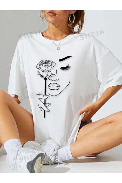 AMMA Μπλουζάκι Unisex Λευκό Γυναικείο Πρόσωπο Σχέδιο Τριαντάφυλλο με εμπριμέ κοντό μανίκι 100% βαμβάκι