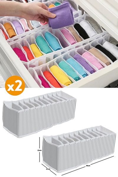 ESTİ 2 Pieces 11 Compartment Medium Drawer Accordion Organizer - Fabric - Drawer Inside - Gray - Type 0