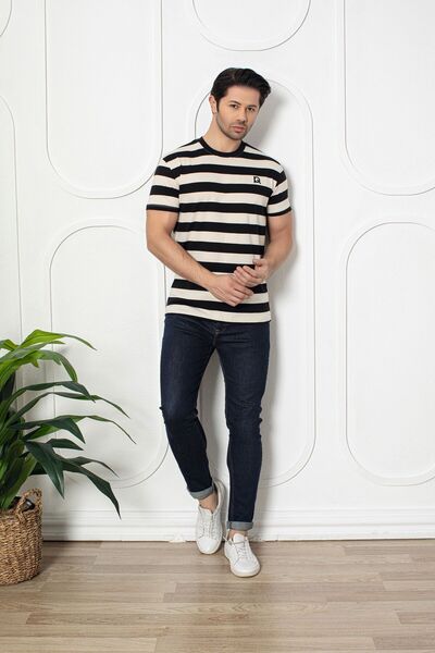 Ramior Men's Special Design Striped Embroidery Detailed T-Shirt